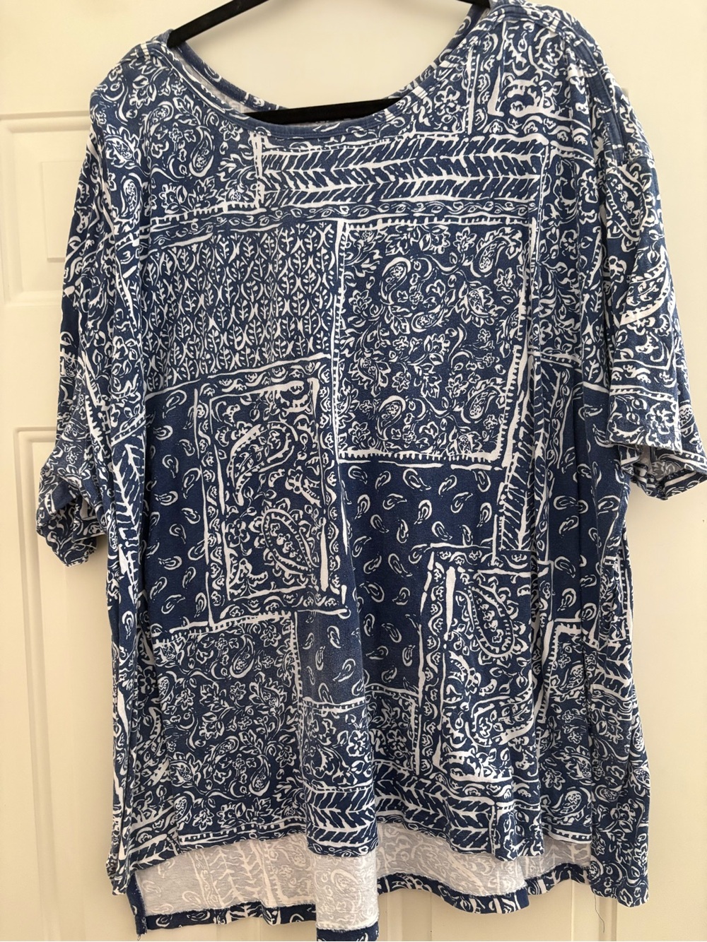 Woman Within Blue and White Short-Sleeve Patchwork Tee